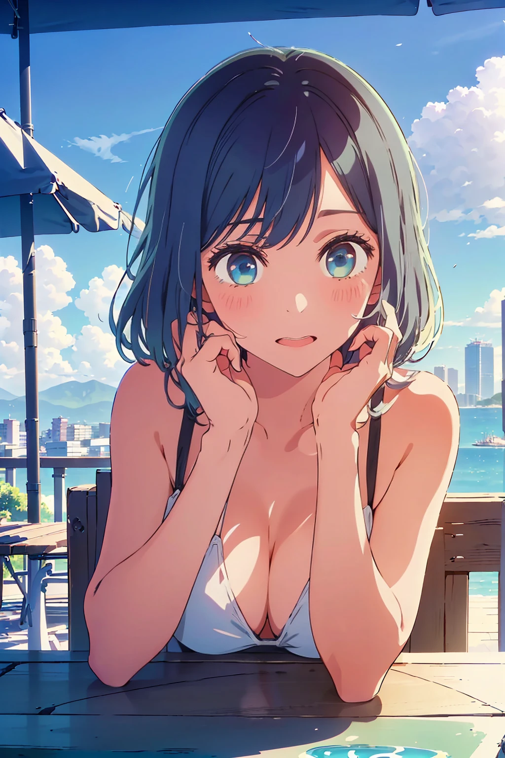 (Highest quality:1.4、8K:1.4、detailed)、F cup bust、Big Breasts、Slim body、Very white beautiful skin、((((1 person、Surprised expression、sit、Chair、In the background are the urban buildings of Tokyo、looking at the camera、Outdoor café terrace、coastal、Navy hair color、juice、White side string high leg bikini、Shooting up close、table、Very cute face))))、(Pose of putting hair behind ears with hands:1.4)、Very blue sky、A completely cloudless sky