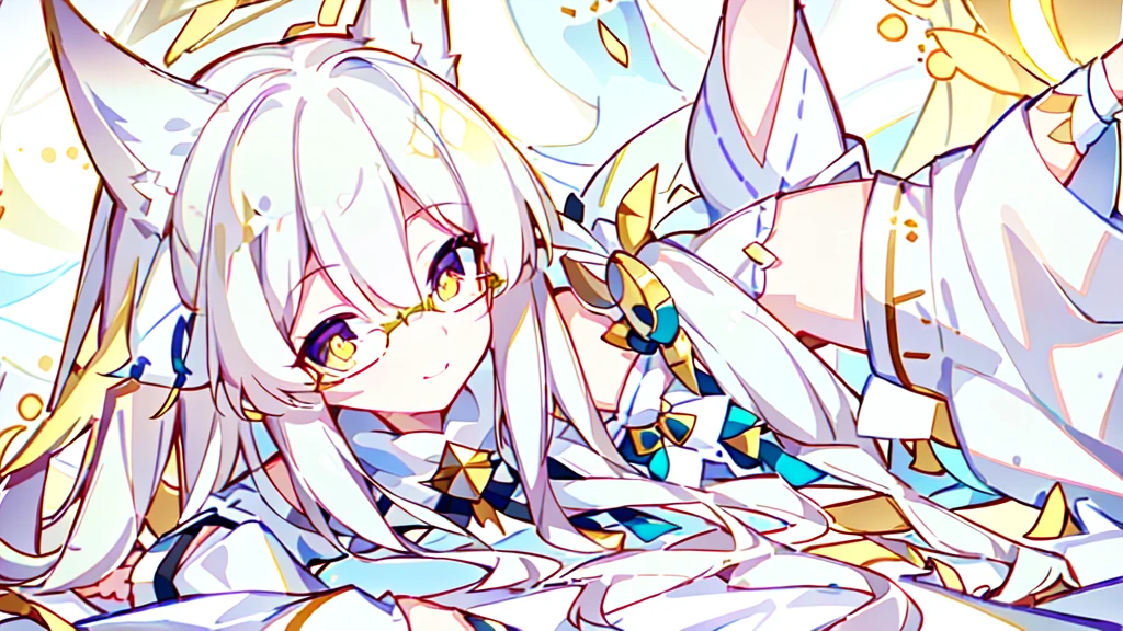 ((Best quality)), ((masterpiece)), (detailed), best quality,8K,original photo,White Fox Girl,touch fox,Castle Background, Liveliness. Carefree happy joy bokeh background. Quiet aesthetics. Soft lighting. Artistic Lighting. Gold frame glasses