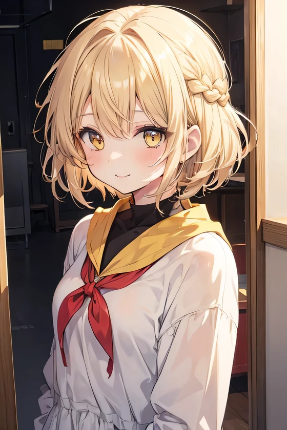 girl, cute anime girl, smiling, beige hair, short hair, hair in a braid on the side, messy hair, yellow eyes, moe style anime