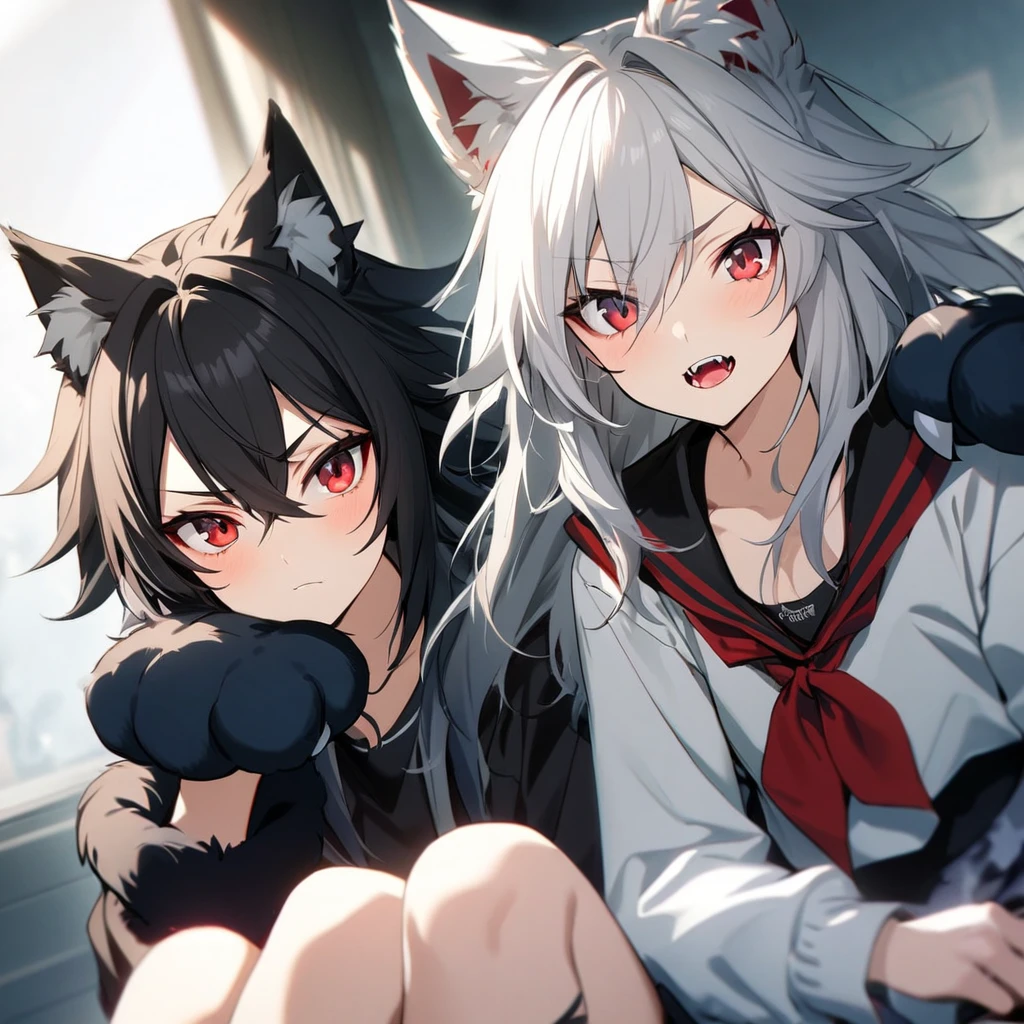 2girls,White hair,red eyes,wolf hair,black hair
wolf girls,Androgynous,wolf hands
best quality,very aesthetic,absurdres
