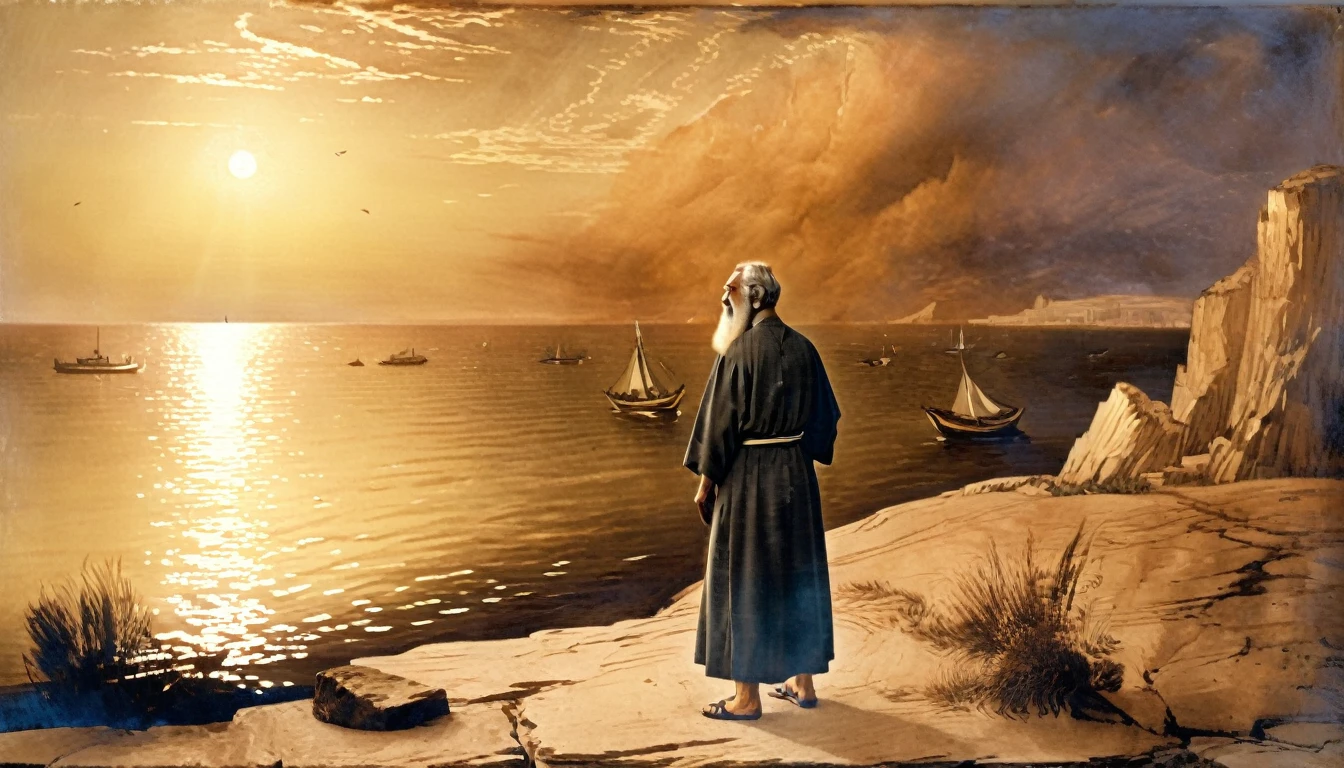 Setting: A serene, sunlit coastal area with a small, ancient town visible in the background, representing Nineveh.
Subject: Jonah, standing on the shore, depicted as a contemplative figure with simple robes. Above him, a divine light or ethereal figure representing God is pointing towards Nineveh. Jonah’s expression is conflicted, torn between obedience and fear.
Atmosphere: Reflective and spiritual, with a warm light illuminating Jonah and contrasting with the dark, foreboding sea in the distance, symbolizing his upcoming struggle.
