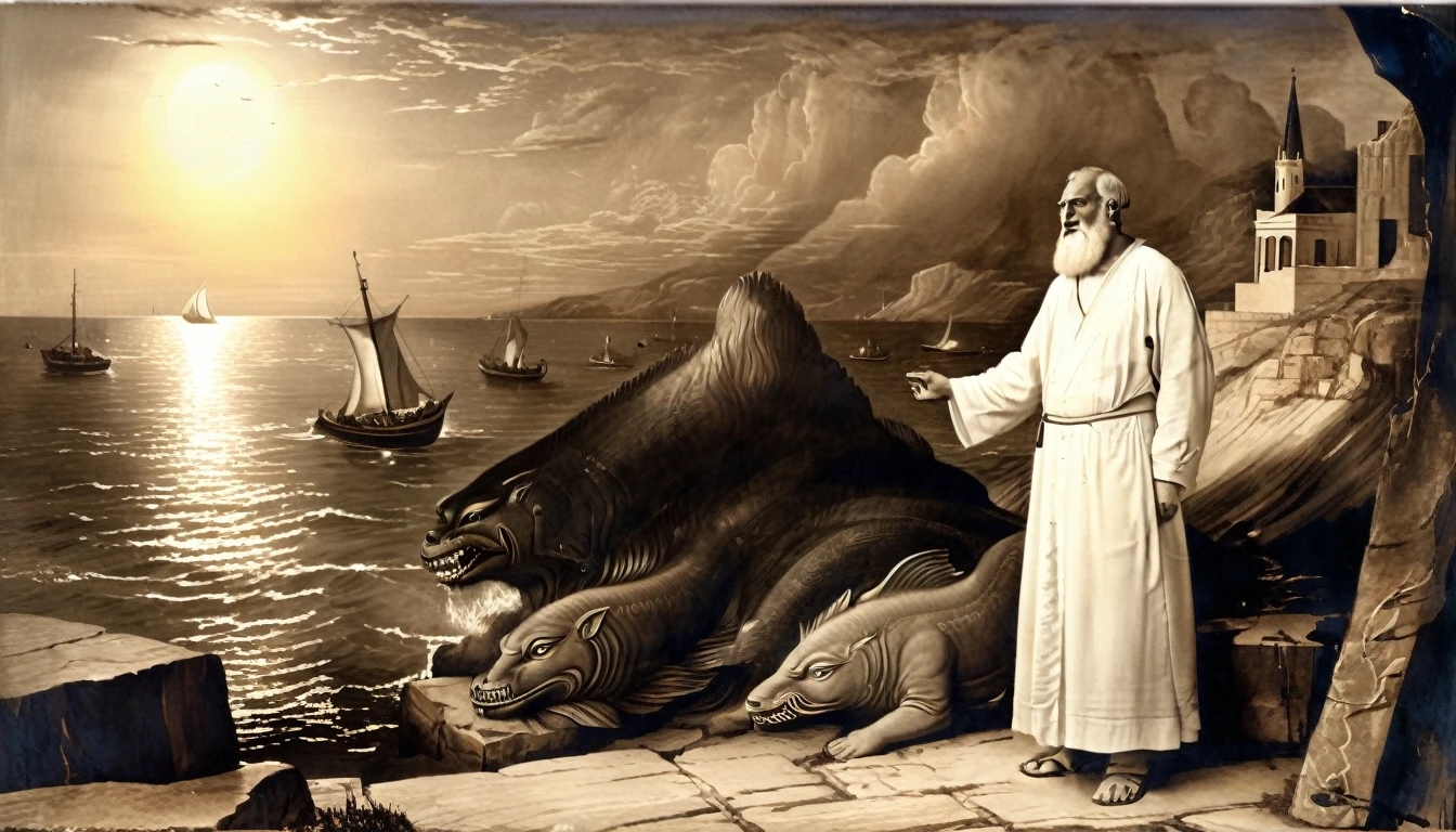 Setting: A serene, sunlit coastal area with a small, ancient town visible in the background, representing Nineveh.
Subject: Jonah, standing on the shore, depicted as a contemplative figure with simple robes. Above him, a divine light or ethereal figure representing God is pointing towards Nineveh. Jonah’s expression is conflicted, torn between obedience and fear.
Atmosphere: Reflective and spiritual, with a warm light illuminating Jonah and contrasting with the dark, foreboding sea in the distance, symbolizing his upcoming struggle.
