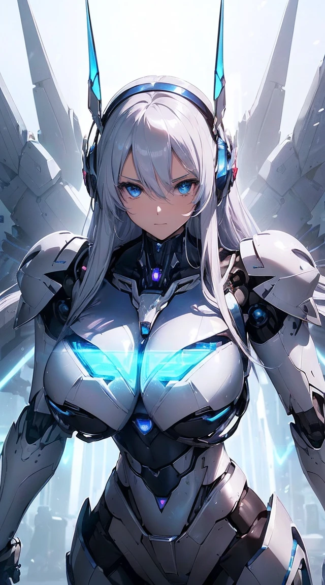 ((Intense action pose:1.6))、((Shining lenses on both breasts:1.3))、((Blue pillars of light are emanating from both chests.:1.3))、smile、((8K)), ((32k)), ((Highest quality)), ((masterpiece)), ((超A high resolution)), ((Tmasterpiece)), ((Halation:1.4))、((Mechaニカルheadgear:1.2))、((Cyber headphones:1.3))、Fine skin, High quality fabric, Fine metal texture、((Beautiful and dense face))、RAW Photos、Professional, Ultra-fine painting, ((alone)), Beautiful breasts、Highest quality, Very detailed, Very detailed詳細, Finer details, so beautiful, ((Princess Knight Robot:1.2)),  (Joints of machines, Mechanical Limbs:1.3), (The internal structure of the machine is exposed:1.3), (Long silver hair:1.1), (Beautiful and huge mechanical breasts)、White Veil, cowboy_shot, Side Focus, headgear, Shiny、(Five Fingers, Four fingers and thumb),Concept Art, Anime fantasy artwork, Detailed fantasy art, (with pale blue-violet hair and large white wings,,,,,,,), (((Long silver hair))), (Mecha:1.6)、Sleek and intimidating design, ((Commander-in-Chief&#39;arm)), (Perfect robot body)、純白と青紫armまたは, Symmetrical wings, 8K high quality, detailed art, 3D rendering of character art in 8K, neat legs, Defined, Defined fingers,