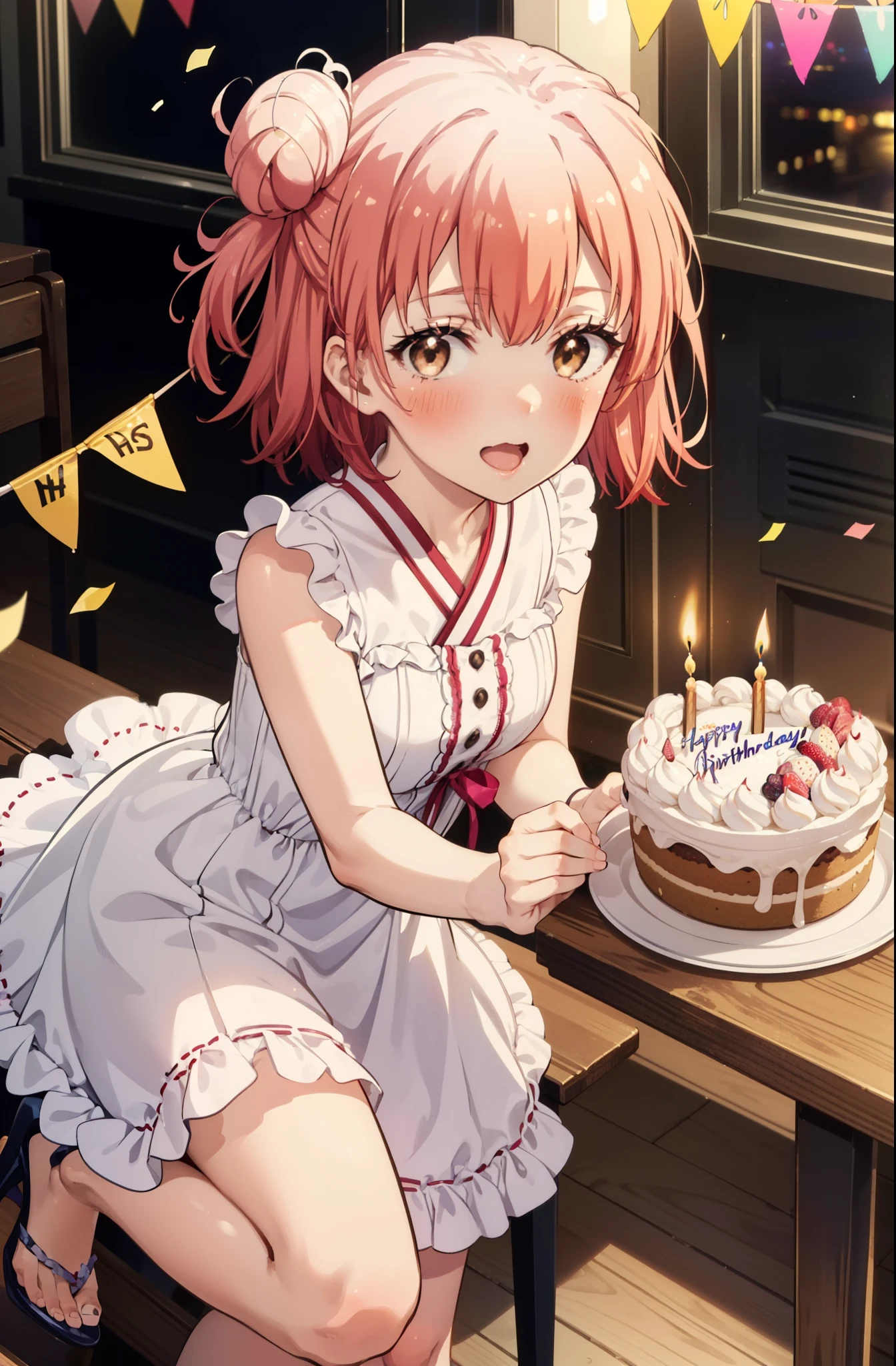 yuiyuigahama, yui yuigahama, One Girl,short hair, (Brown eyes:1.5), (Pink Hair:1.2), Hair Bun, single Hair Bun, smile,blush,Open your mouth wide,Pink sleeveless dress,Long skirt,Stiletto heels,A birthday cake with lit candles,
,There is a round birthday cake on the desk.,Confetti,cracker,whole bodyがイラストに入るように,peace sign,
break indoors, Party Venue,
break looking at viewer, whole body,
break (masterpiece:1.2), Highest quality, High resolution, unity 8k wallpaper, (figure:0.8), (Beautiful attention to detail:1.6), Highly detailed face, Perfect lighting, Highly detailed CG, (Perfect hands, Perfect Anatomy),