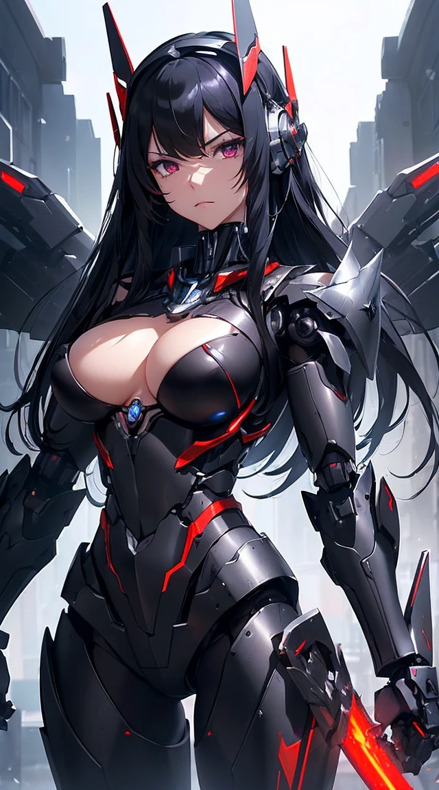 ((Shining lenses on both breasts:1.3))、((Pillars of red light radiate from both chests..:1.3))、((Attack pose:1.6))、((He has a red sword and a long rifle:1.6))、((Battle Scenes:1.8))、((8K)), ((32k)), ((Highest quality)), ((masterpiece)), ((超A high resolution)), ((Tmasterpiece)), ((Halation:1.4))、((Mechaニカルheadgear:1.2))、((Cyber headphones:1.3))Fine skin, High quality fabric, High-quality metal texture、((Beautiful and dense face))、RAW Photos、Professional, Ultra-fine painting, ((alone)), Beautiful breasts、Highest quality, Very detailed, Very detailed詳細, Finer details, so beautiful, ((Black Knight Robot:1.2)),  (Joint of the machine, Mechanical Limbs:1.3), (The internal structure of the machine is exposed:1.3), (Long black hair:1.1), (Beautiful and huge mechanical breasts)、White Veil, cowboy_shot, Side Focus, headgear, Shiny、(Five Fingers, Four fingers and thumb),Concept Art, Anime fantasy artwork, Detailed fantasy art, (Has light blue-purple hair and black wings,,,,,,), (((Long black hair))), (Mecha:1.6)、Sleek and intimidating design,  (Jet black perfect robot body)、Jet black and reddish purple arms, Symmetrical wings, 8K High Resolution, Detailed Art, 3D rendering of character art in 8K, neat legs, Defined, Defined fingers,((headshot:1.6))