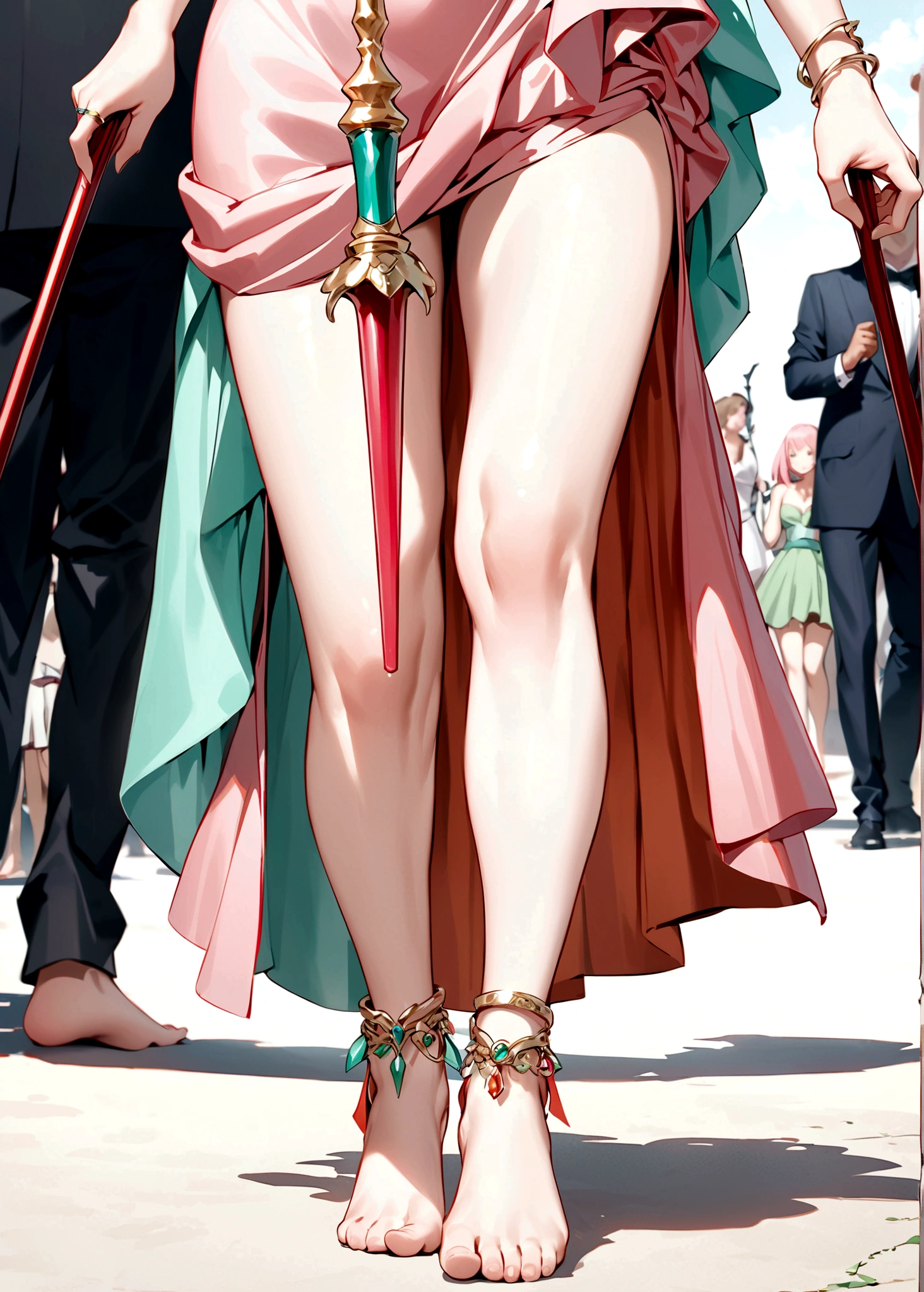 Cartoon anime style,beautiful girl,Fluffy pink hair,antlers,Elf ears,orangeskirt,Scepter,Standing barefoot,Foot ring。(((Correct human anatomy)))