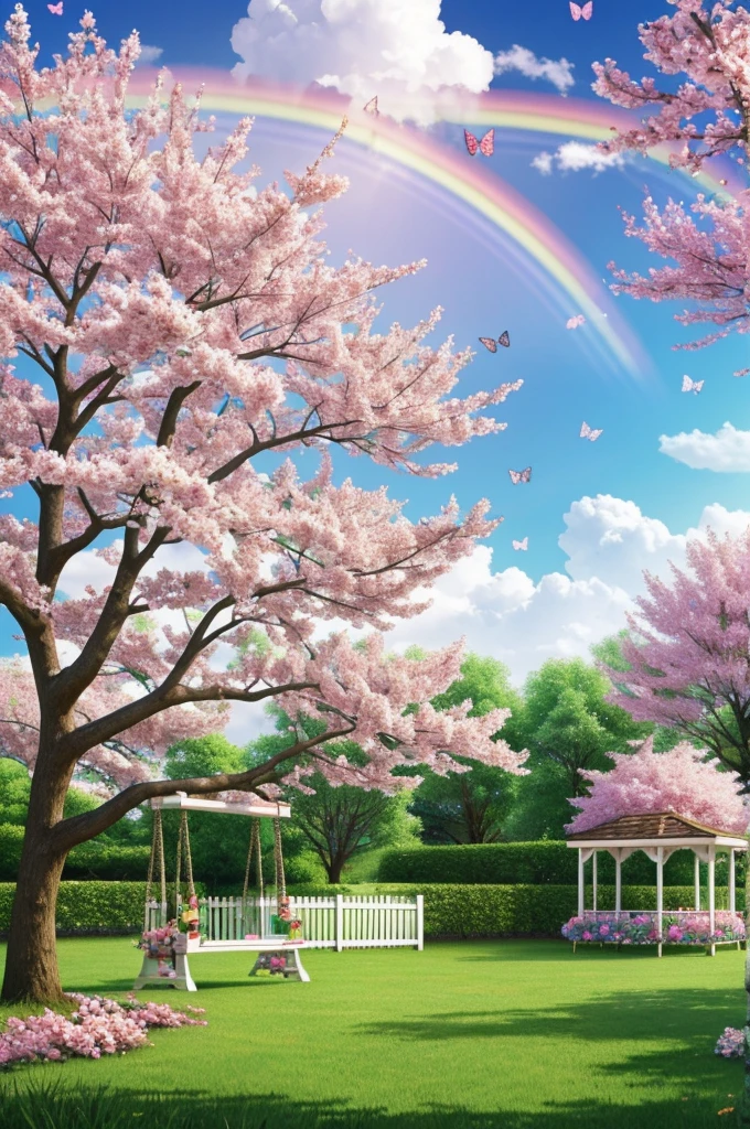 Kawaii, wallpaper,bature scene a white picket fence, cheerry blossom tree with swing . A rainbow high above, cute little animals, butterflies