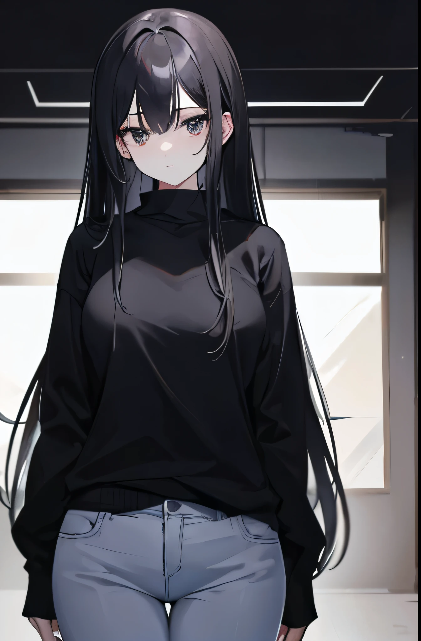 masterpiece,1 woman,black long hair,black eye, White skin,sweater,jeans,standing,low exposure,Glamor body type,Cute face,distance,alone