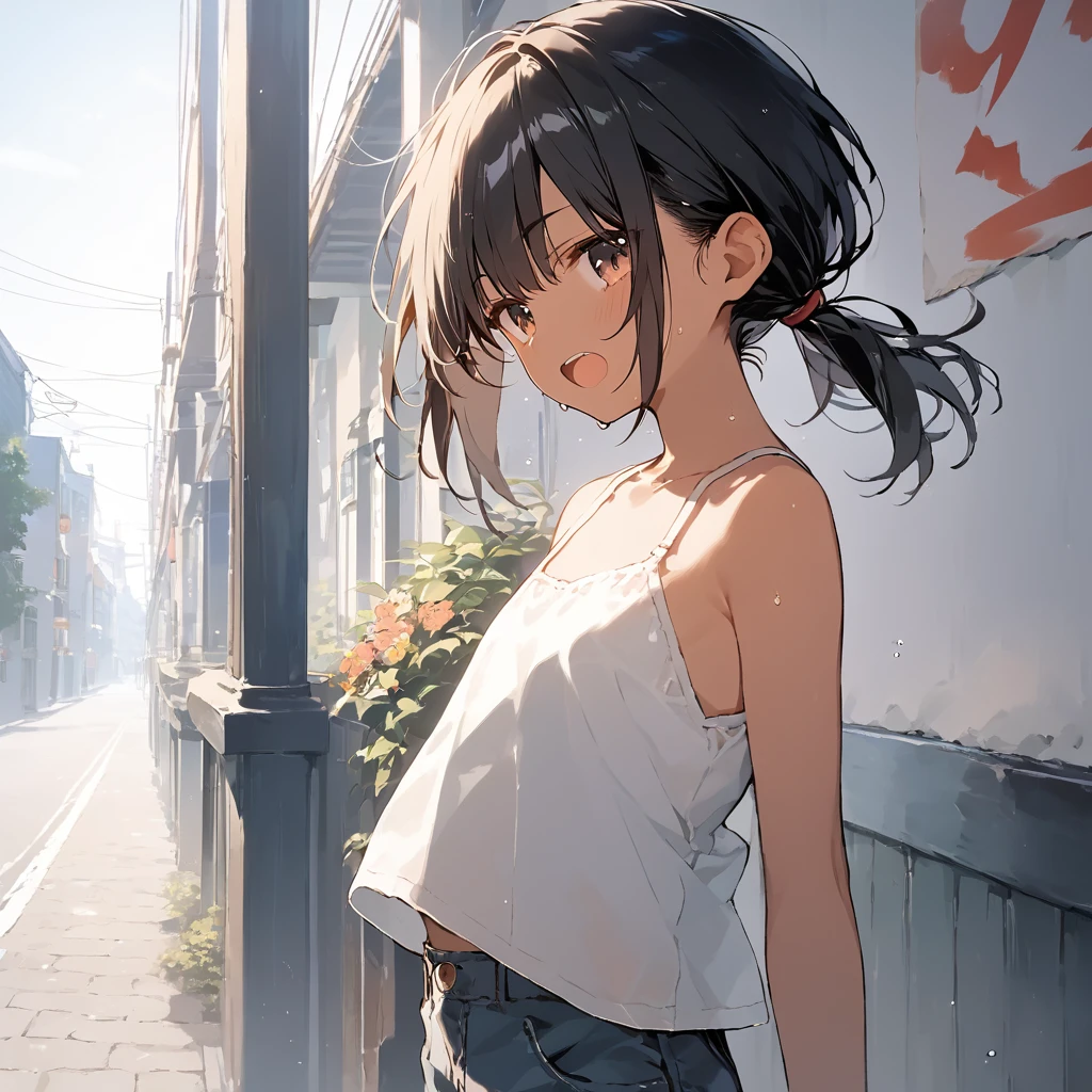 score_9, score_8_up, score_7_up, source_anime, best quality, masterpiece, official art, absurdres, highres, ultra-detailed,waifu2x,Collection: Slice of Life,break,1girl, tomboy, dark-skinned female, short hair, low ponytail, flat chest,  beautiful detailed eyes, short shorts, sweat, open mouth, (yawn:0.3), sleepily, outdoors, wind, break,(clear line illustration:1.2),very high resolution, very aesthetic, super detailed skin, Best sexual lighting powered by famous artist, 8k,cute picture,beauty illustration,photoshop_(medium),,(Detailed Lighting),best anime 8k konachan wallpaper, pixiv contest winner, 