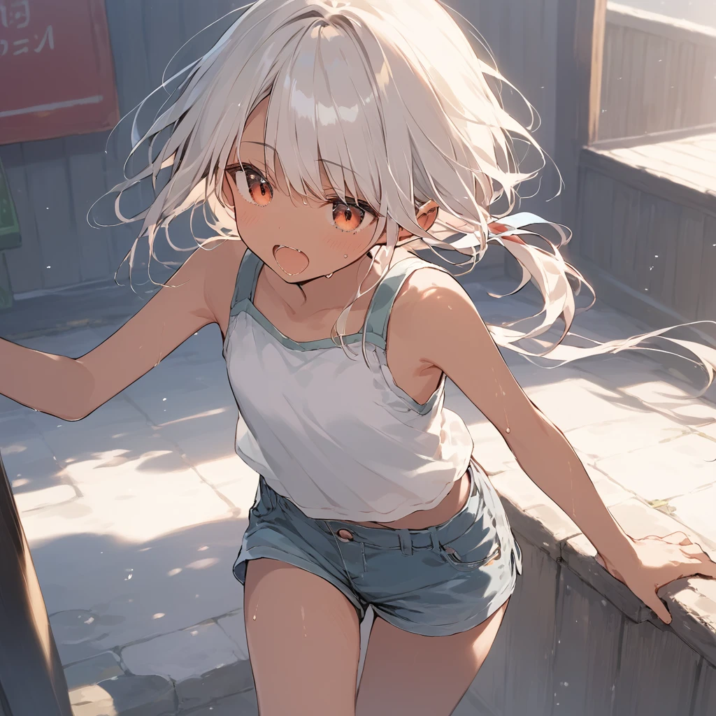score_9, score_8_up, score_7_up, source_anime, best quality, masterpiece, official art, absurdres, highres, ultra-detailed,waifu2x,Collection: Slice of Life,break,1girl, tomboy, dark-skinned female, short hair, low ponytail, flat chest, beautiful detailed eyes, short shorts, sweat, open mouth, (yawn:0.3), sleepily, outdoors, wind, break,(clear line illustration:1.2),very high resolution, very aesthetic, super detailed skin, Best sexual lighting powered by famous artist, 8k,cute picture,beauty illustration,photoshop_(medium),,(Detailed Lighting),best anime 8k konachan wallpaper, pixiv contest winner,