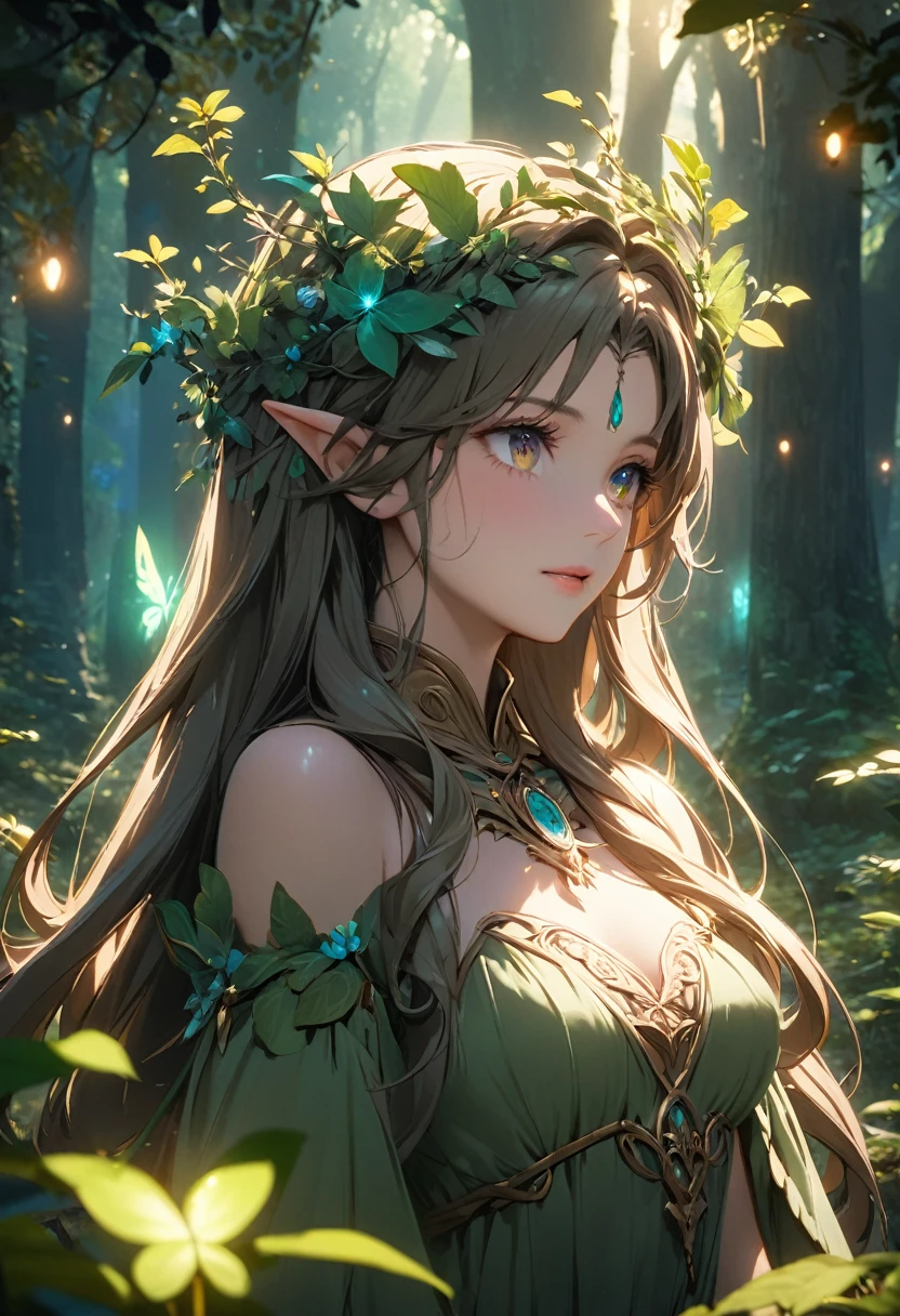 a dryad in a magical forest trying to seduce a medieval traveler, detailed portrait of a dryad with beautiful eyes and flowing hair, the traveler is captivated by the dryad's charm, lush fantasy forest setting with glowing lights and mysterious shadows, highly detailed, 4k, 8k, masterpiece, cinematic lighting, dreamlike atmosphere, rich color palette, dramatic composition