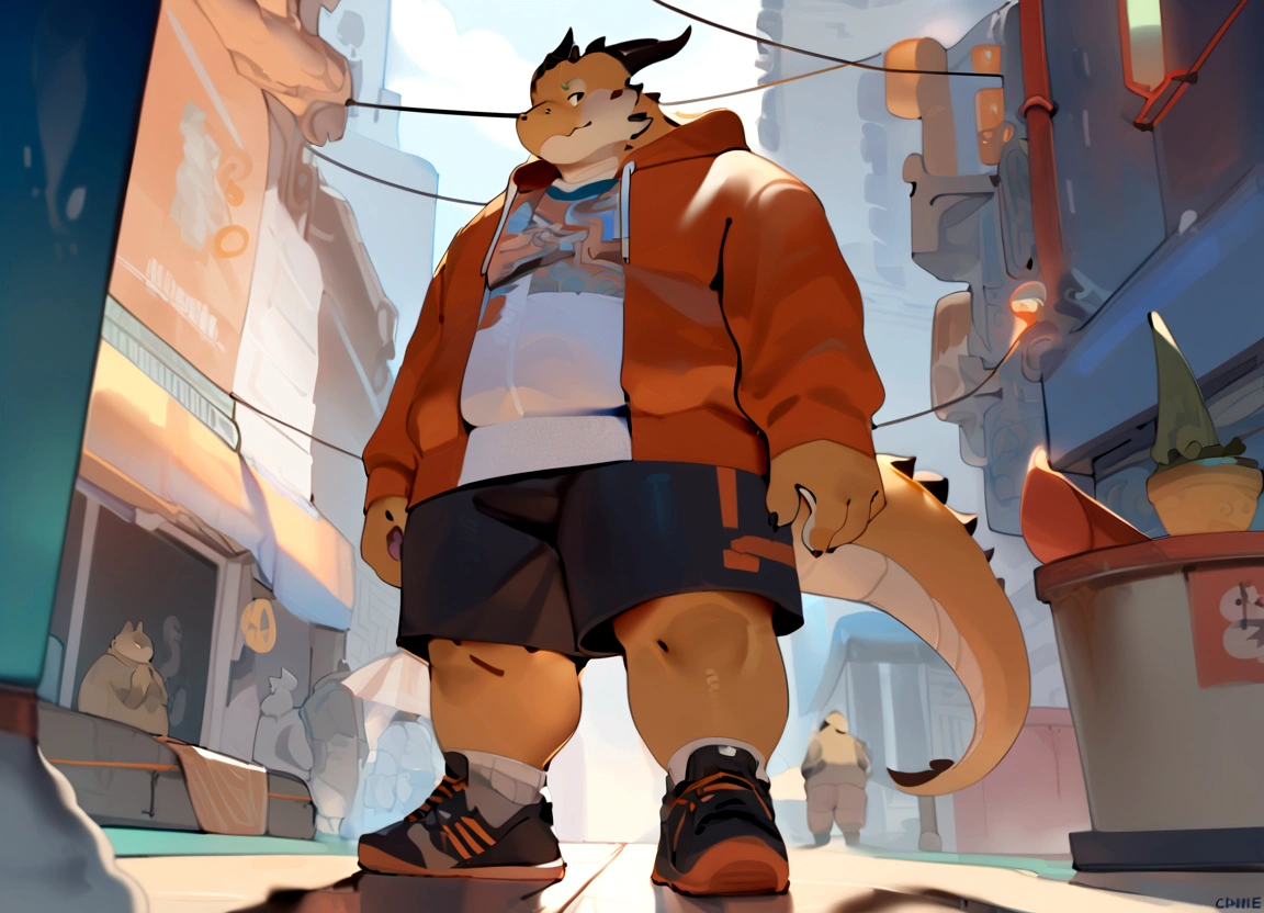 Dragon,male, adult, chubby,round belly,yaoi, doujin,wearing stylish sweatshirt, Shorts, shoes, cyberpunk street outfit, cyberpunk big city, summer vibes, detail background, out view scale, pixiv artwork,hd,4k, colour full, smooth lighting, art style by quanjiang, by chunie, by quanjiang,
