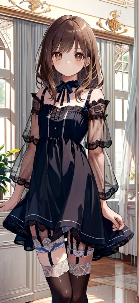 ((masterpiece)), ((best quality)), ((ultra detailed)), ((kawaii)), cute, (lovely), ((extremely detailed)), ((8K)), (beautiful), full body, luxury room, a cute girl, 1girl, solo, blue mini camisole dress,beautiful light brown hair, ((detailed beautiful brown eyes)), white-skinned, flat breast, tiny breast, garter belt,(garter stockings:1.4),pink eyeshadow