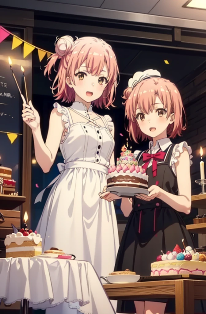 yuiyuigahama, yui yuigahama, One Girl,short hair, (Brown eyes:1.5), (Pink Hair:1.2), Hair Bun, single Hair Bun, smile,blush,Open your mouth wide,Pink sleeveless dress,Long skirt,Stiletto heels,A birthday cake with lit candles,
,There is a round birthday cake on the desk.,Confetti,cracker,whole bodyがイラストに入るように,peace sign,
break indoors, Party Venue,
break looking at viewer, whole body,
break (masterpiece:1.2), Highest quality, High resolution, unity 8k wallpaper, (figure:0.8), (Beautiful attention to detail:1.6), Highly detailed face, Perfect lighting, Highly detailed CG, (Perfect hands, Perfect Anatomy),