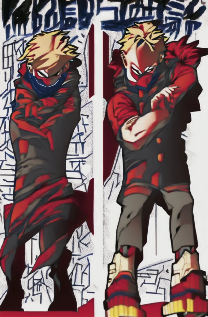 One boy, male focus, brown and blond hair, boku no hero academia, masterpiece, best quality, very aesthetic, red hoodie, navy green joggers, white leather boots, full body illustration, casual front pose.