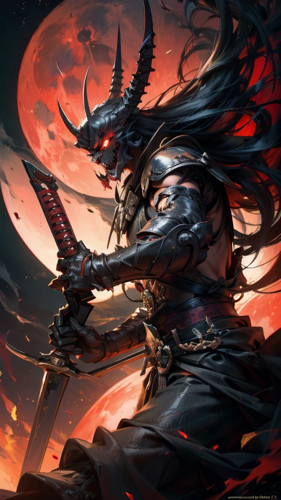 a samurai with long hair,demon slayer style, two katanas, red moon, tree, masterpiece, (best quality,4k,8k,highres,masterpiece:1.2),ultra-detailed,(realistic,photorealistic,photo-realistic:1.37),HDR,UHD,studio lighting,ultra-fine painting,sharp focus,physically-based rendering,extreme detail description,professional,vivid colors,bokeh