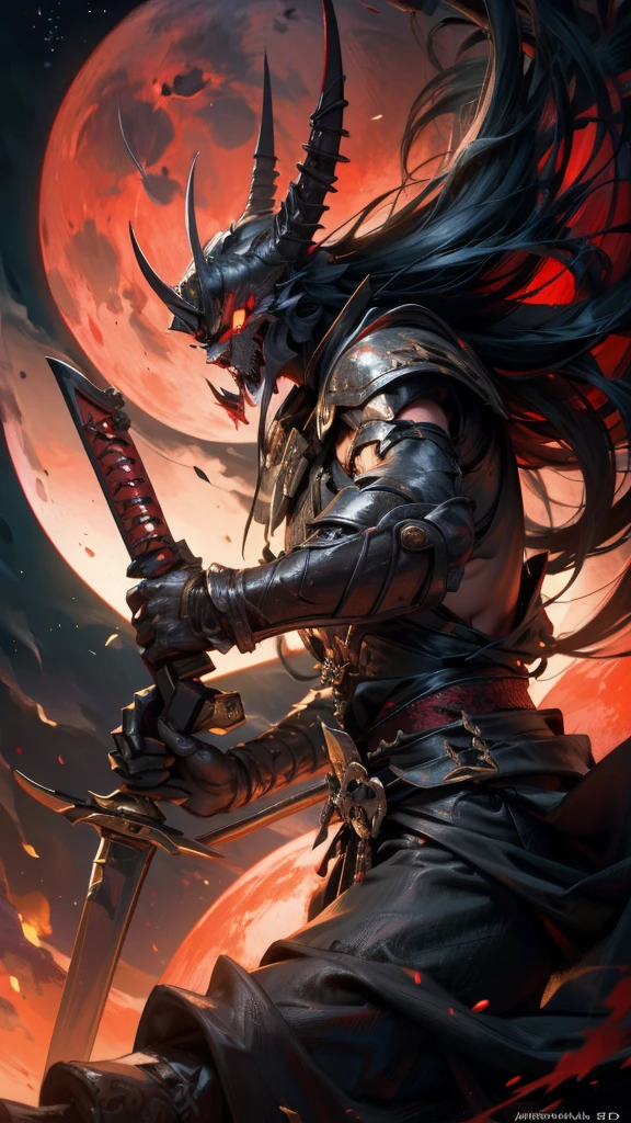 a samurai with long hair,demon slayer style, two katanas, red moon, tree, masterpiece, (best quality,4k,8k,highres,masterpiece:1.2),ultra-detailed,(realistic,photorealistic,photo-realistic:1.37),HDR,UHD,studio lighting,ultra-fine painting,sharp focus,physically-based rendering,extreme detail description,professional,vivid colors,bokeh
