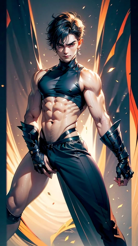 A boy having long legs, thick thighs, large hips, thin and narrow weist, big large feminine breasts, very small spikey boyish haircut, wearing sleeveless tight dress and leggings. Man, man 