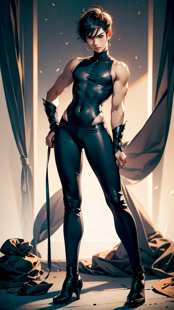A boy having long legs, thick thighs, large hips, thin and narrow weist, big large feminine breasts, very small spikey boyish haircut, wearing sleeveless tight dress and leggings. Man, man