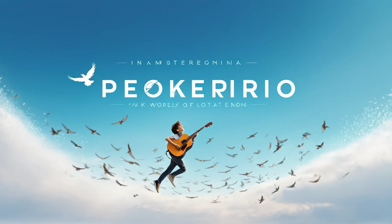 Create a professional, fantastic, cinematic Youtube Banner for a brand about music and stories called " Penamemoria". Masterpiece, 4k, sharp focus, highest quality,wide shot. The title is " Penamemoria". Is a brand about the creative, unique journey of a boy into becoming a musician storyteller. In his journey he finds inspiration in a world of birds and feathers. Minimalistic, simple, poetic, dreamy logotype at the center of the image. The Background image is a world full of fantastic feathers, unique birds, light blue sky, and a boy running happily into the horizon with an acoustic guitar in his right hand. Boy running against the wind, almost simulating like he is flying