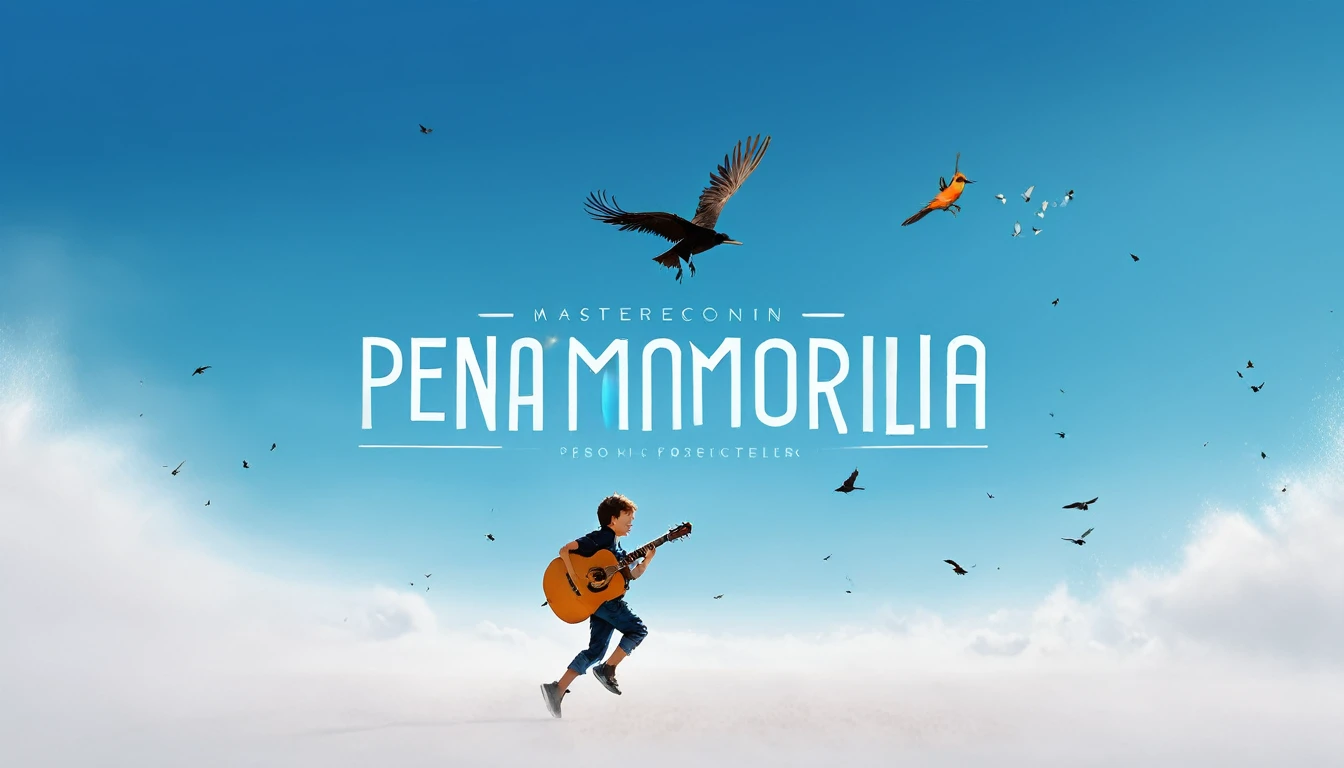 Create a professional, fantastic, cinematic Youtube Banner for a brand about music and stories called " Penamemoria". Masterpiece, 4k, sharp focus, highest quality,wide shot. The title is " Penamemoria". Is a brand about the creative, unique journey of a boy into becoming a musician storyteller. In his journey he finds inspiration in a world of birds and feathers. Minimalistic, simple, poetic, dreamy logotype at the center of the image. The Background image is a world full of fantastic feathers, unique birds, light blue sky, and a boy running happily into the horizon with an acoustic guitar in his right hand. Boy running against the wind, almost simulating like he is flying