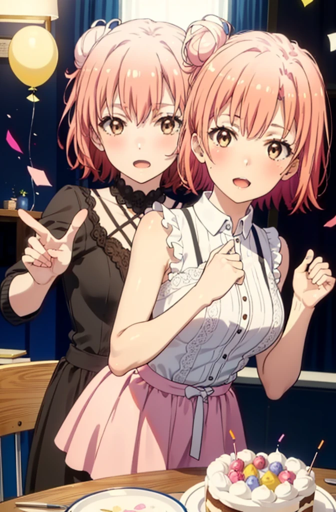 yuiyuigahama, yui yuigahama, One Girl,short hair, (Brown eyes:1.5), (Pink Hair:1.2), Hair Bun, single Hair Bun, smile,blush,Open your mouth wide,Pink sleeveless dress,Long skirt,Stiletto heels,A birthday cake with lit candles,
,There is a round birthday cake on the desk.,Confetti,cracker,whole bodyがイラストに入るように,peace sign,
break indoors, Party Venue,
break looking at viewer, whole body,
break (masterpiece:1.2), Highest quality, High resolution, unity 8k wallpaper, (figure:0.8), (Beautiful attention to detail:1.6), Highly detailed face, Perfect lighting, Highly detailed CG, (Perfect hands, Perfect Anatomy),