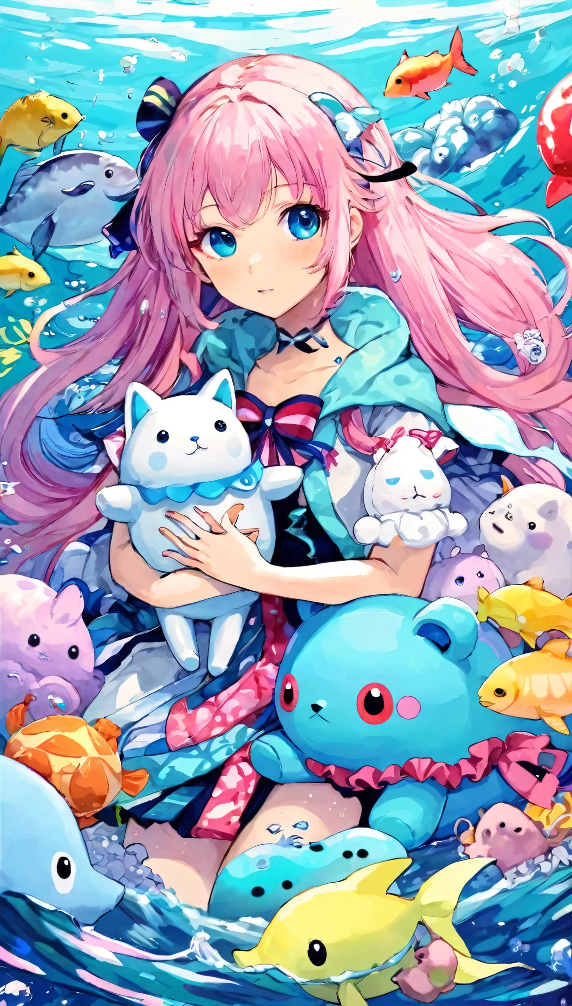 Anime girl holding stuffed sea creatures and other stuffed animals in her arms, Splash art cute anime, Decora inspired illustrations, Best anime Konachan wallpapers, Detailed fan art, By Kamaguruka, Anime covers,
