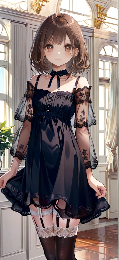 ((masterpiece)), ((best quality)), ((ultra detailed)), ((kawaii)), cute, (lovely), ((extremely detailed)), ((8K)), (beautiful), full body, luxury room, a cute girl, 1girl, solo, blue mini camisole dress,beautiful light brown hair, ((detailed beautiful brown eyes)), white-skinned, flat breast, tiny breast, garter belt,(garter stockings:1.4),pink eyeshadow