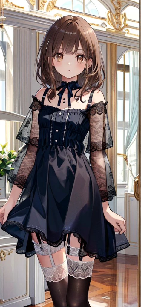 ((masterpiece)), ((best quality)), ((ultra detailed)), ((kawaii)), cute, (lovely), ((extremely detailed)), ((8K)), (beautiful), full body, luxury room, a cute girl, 1girl, solo, blue mini camisole dress,beautiful light brown hair, ((detailed beautiful brown eyes)), white-skinned, flat breast, tiny breast, garter belt,(garter stockings:1.4),pink eyeshadow