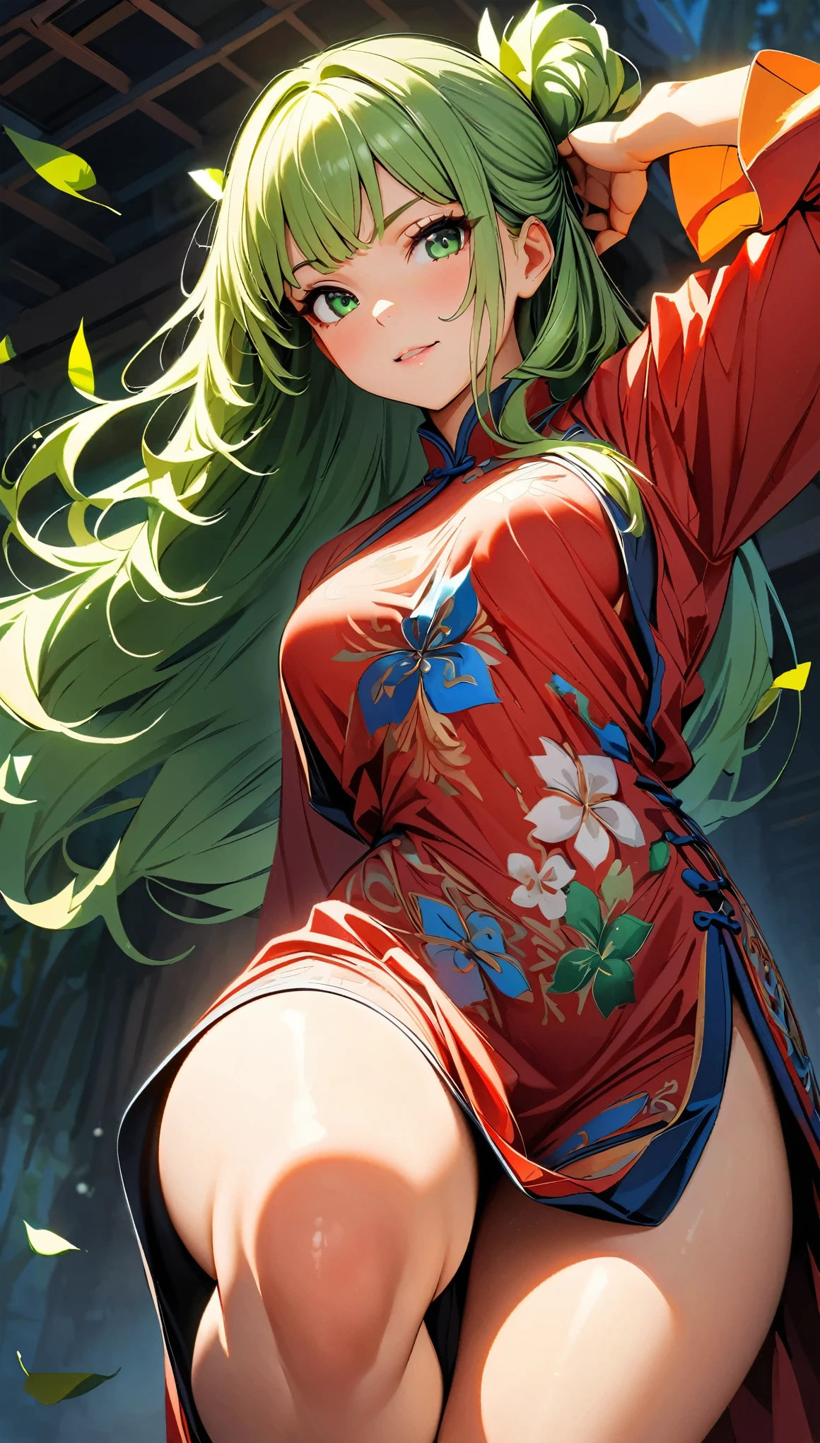 (Highest quality:1.2, Very detailed, up to date, Vibrant, Ultra-high resolution, High Contrast, masterpiece:1.2, Highest quality, Best aesthetics), (Small face), (Very detailedな肌:1.2), One Woman, beautiful girl, Beautiful Face, A girl in a Chinese dress practicing kung fu, Beautiful attention to detail, Beautiful lip detail, Very detailedな目と顔, Long eyelashes, martial arts expert, Powerful and agile movements, Flowing sleeves and dress, Graceful posture, Training in a quiet garden at dawn, wood々The sunlight shines in, Subtle shadows that add depth to the scene, Delicate flowers blooming in the background, Traditional Chinese architecture seen in the distance, Dynamic pose during jump, Powerful kicks and punches, Motion Blur Effect:1.4, Expressive faces showing determination and focus, Cowboy Shot:1.2, The colorful embroidery on the dress adds a pop of vibrancy., A harmonious color palette based on red and gold, Green tips from the leaves in the garden, soft, Warm lighting creates a relaxing atmosphere.