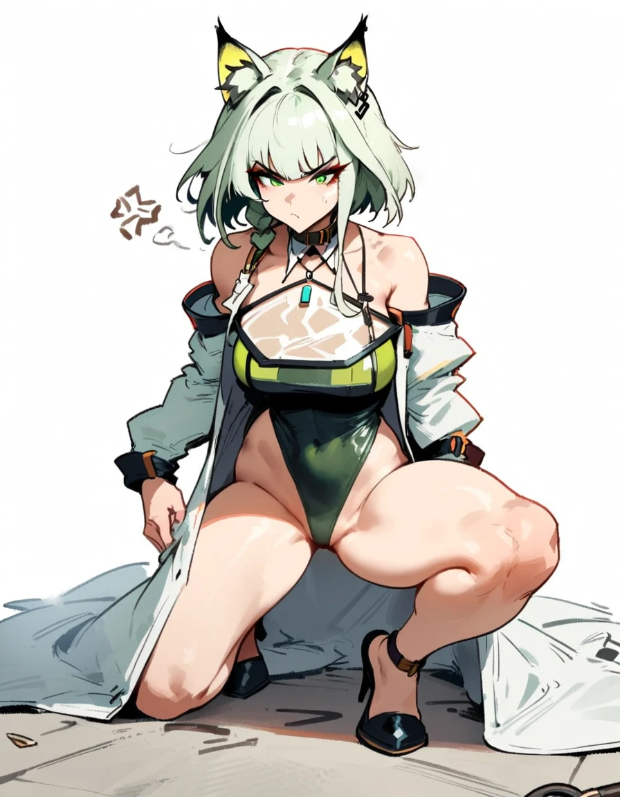 1girl, kal'tsit \(arknights\), arknights \\\\\ masterpiece, best quality, very aesthetic, absurdres, newest \\\\\\ slim body,///// ,by nyantcha,cutesexyrobutts , by khyle,,////// ,,,, , ,,detailed face, , ,, , , , , beautiful face, (white background:1.2), , sexy, , serious.angry, green eyes, animal ears, , ,,,big tits,), in the center of the frame,,, ,wears a lab coat, ,full body , solo,