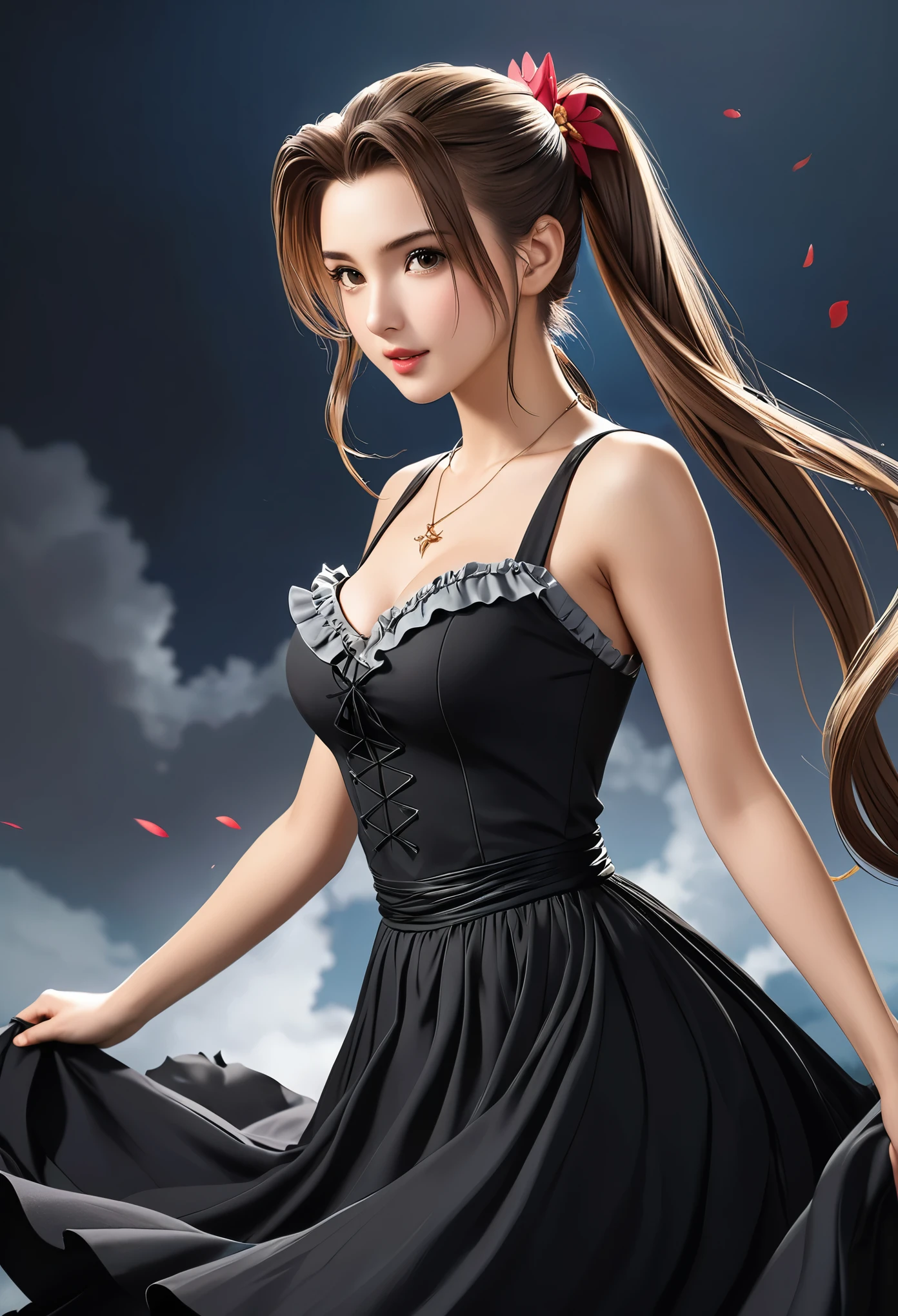 (((masterpiece))),((Highest quality)),Beautiful girl, Aerith, Sexy witch, bangs、(Long Hair, side pony tails:1.5)、(((big firm bouncing bust)))、23 years old、(gorgeous white, Grey and black ruffled dress:1.5)、Japanese girl、 Beautiful digital artwork, Beautiful fantasy art,(The background is plain:1.5)、