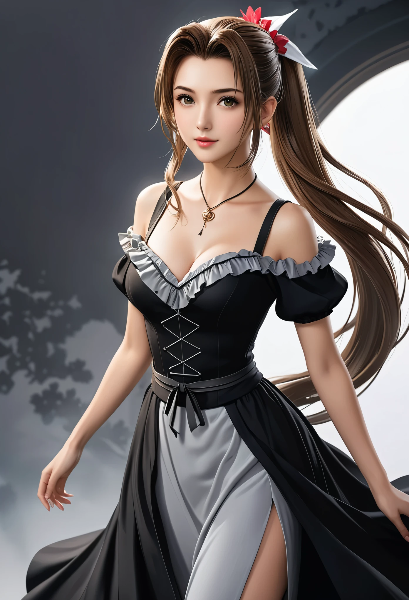 (((masterpiece))),((Highest quality)),Beautiful girl, Aerith, Sexy witch, bangs、(Long Hair, side pony tails:1.5)、(((big firm bouncing bust)))、23 years old、(gorgeous white, Grey and black ruffled dress:1.5)、Japanese girl、 Beautiful digital artwork, Beautiful fantasy art,(The background is plain:1.5)、