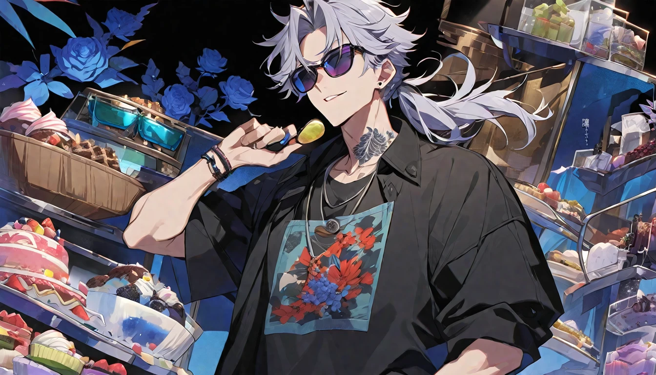 独奏,handsome, 1 male, Ponytail, Braided grey hair, red eyes, Gojo Satoru,casual,Blue Rose Tattoo,black Oversized ,casual,Stylish,cool,Wear sunglasses around your neck,sweets,
blackbackground,