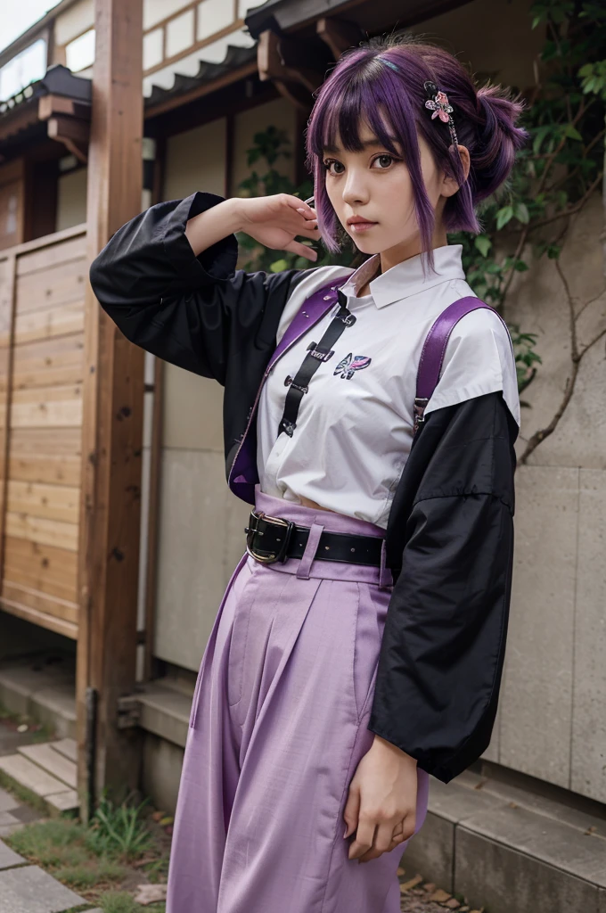 1girl, solo, kochou shinobu, butterfly hair ornament, purple eyes, multicolored hair, short hair, parted bangs, haori, wide sleeves, long sleeves, black pants, black jacket, belt