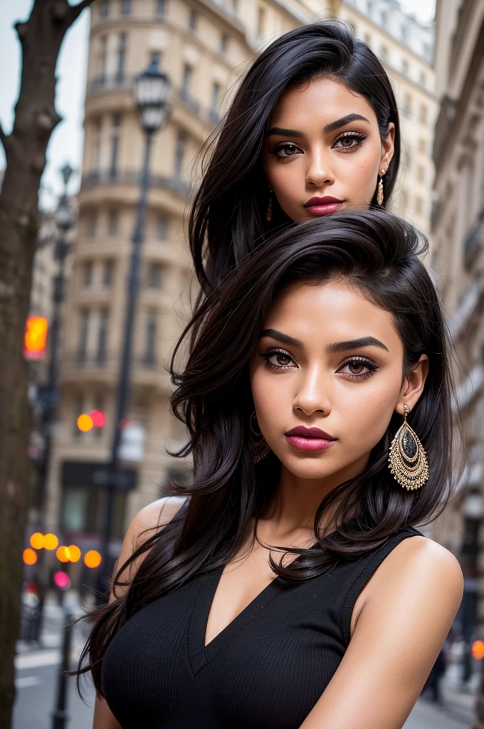 beautiful girl, brown_beautiful slim 18-year-old girl, balck hair color [Brown highlights balck hair], [Pixie-Undercut] balck hair)), earrings, lips, realisti, Slender waist, charmant, pink lipstick, buntes Make-up, longeyelashes, earrings, Wearing eyeliner, clear skin, (Mignon), (detailed face), detailled eyes, detailed iris, Walking through Paris with friends, winter , tenu chic winter
