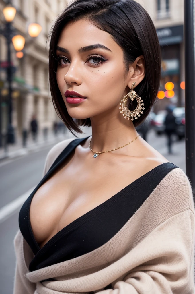beautiful girl, brown_beautiful slim 18-year-old girl, balck hair color [Brown highlights balck hair], [Pixie-Undercut] balck hair)), earrings, lips, realisti, Slender waist, charmant, pink lipstick, buntes Make-up, longeyelashes, earrings, Wearing eyeliner, clear skin, (Mignon), (detailed face), detailled eyes, detailed iris, Walking through Paris with friends, winter , tenu chic winter