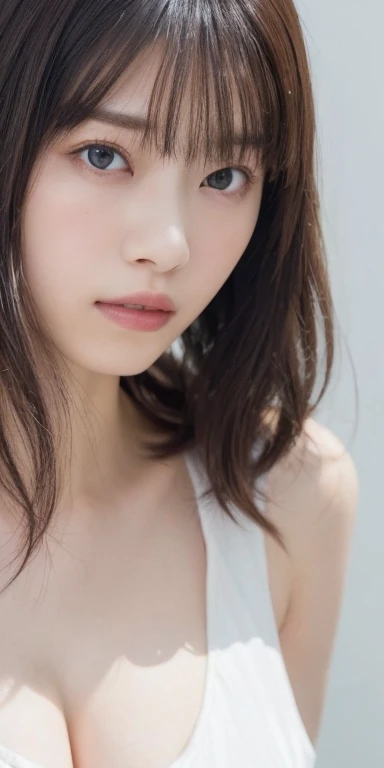 (masterpiece:1.3), Highest quality、Ultra-high resolution, Very detailed, Very detailed CG Unity 8k 壁紙, Realistic, photo-Realistic, RAW Photos, Beautifully detailed face, Pale skin, Realistic glistening skin, Detailed cloth texture, Detailed hair texture, Perfect body, Beautiful Face, Accurate, Anatomically correct, Highly detailed face そして skin texture, Natural neck length, (Fair skin:1.2), Good teeth alignment, 
Symmetrical eyes, dolly make、double eyelid, Thin eyebrows, (Glossy Lips:1.4), (Sad face:1.2),
(classy and cute girl:1.3), 
(Large Breasts:1.4), Cleavage, Beautiful clavicle, 
(Wavy long hair:1.2), ((Asymmetrical bangs:1.2)), A tight dress that clings to the breasticro Mini、Voluptuous thighs、A photo showing you from head to knees、Focus on the thighs