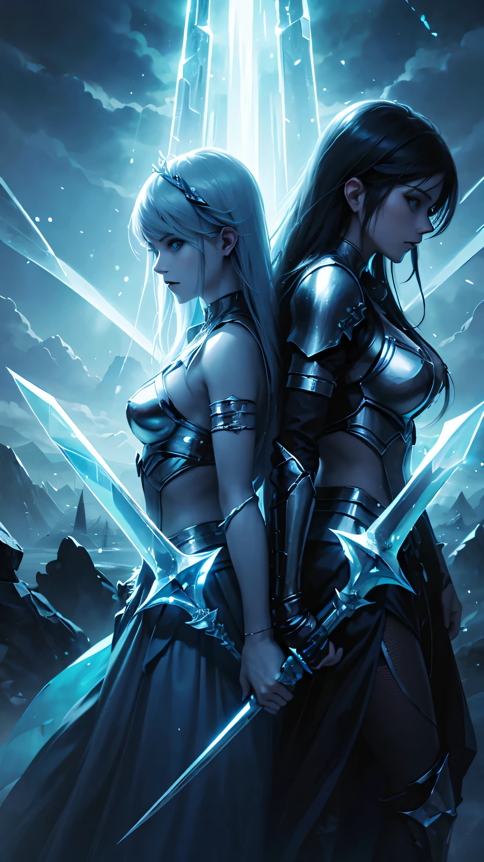 Two twin women while holding blue swords, ice swords, blue, blue aura, two women, twins, twin ice swords.HD lighting and dark )<=(epic image quality)dark atmosphere with bright particle light(many effects in background)