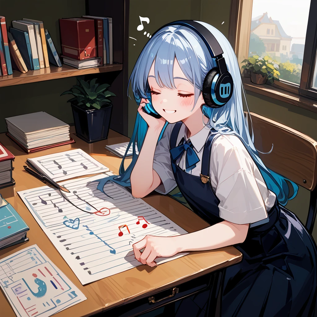 score_9, score_8_up,score_7_up,flat color,(best quality, masterpiece, ultra high-resolution, ultra-detailed: 1.2),
A girl sleeping face down on a desk, smiling,closed eyes,big headphones,
(A lot of musical note marks are popping out from the headphones),
white background,shiny skin,pale skin,