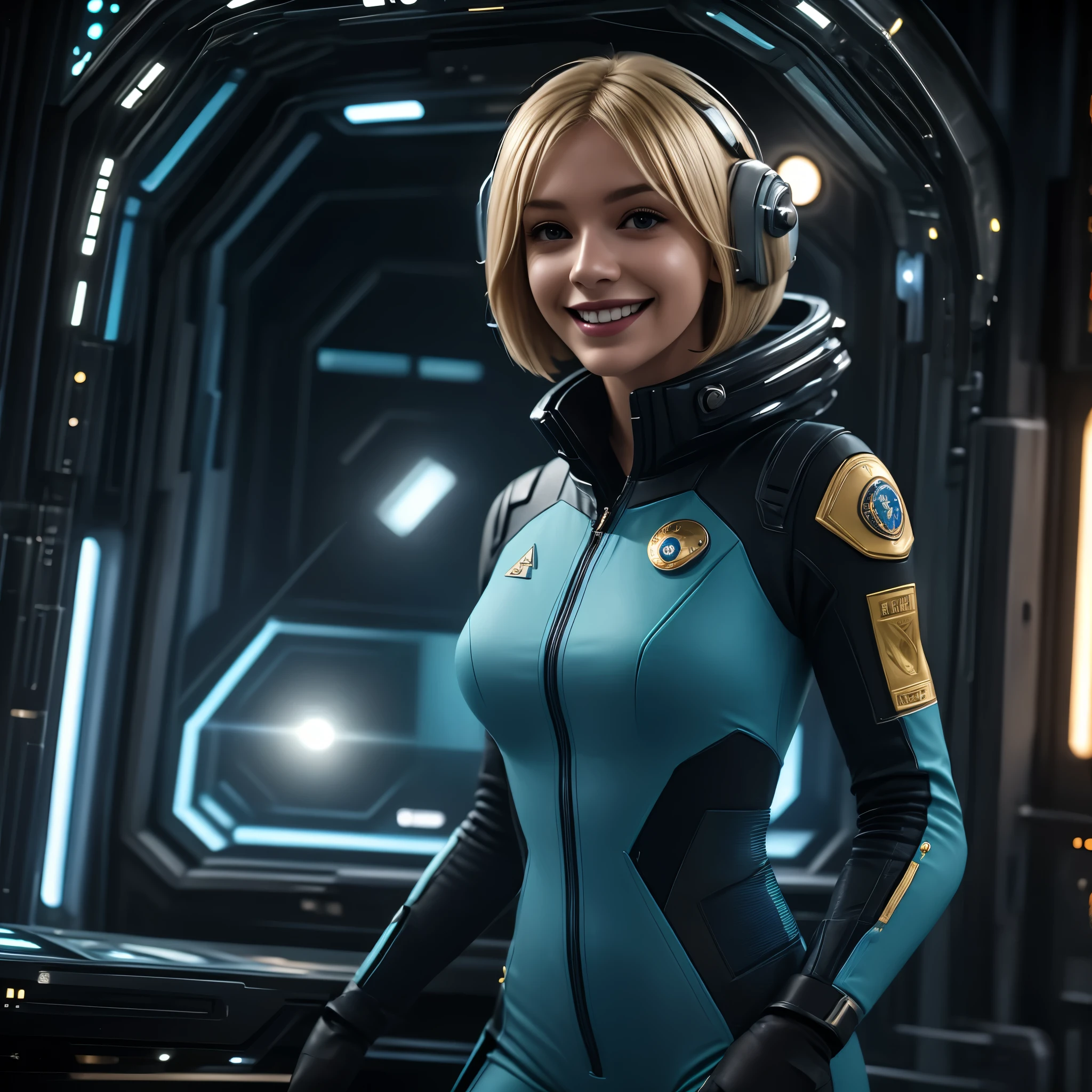 (masterpiece:1.4),(best quality,photorealistic), A beautiful Blonde woman with short Choppy Bob hair style, 48 years old, she is wearing a full length Teal space suit, she has perfect hands and face, ((she is standing in the crew recreational area of a giant space ship)), there is a bar and some gamming machines, and exclusive, Luxury, you can see a moon out of the window, space nebulas, planets, control panel, she wears a gold badge, she has a happy smile,