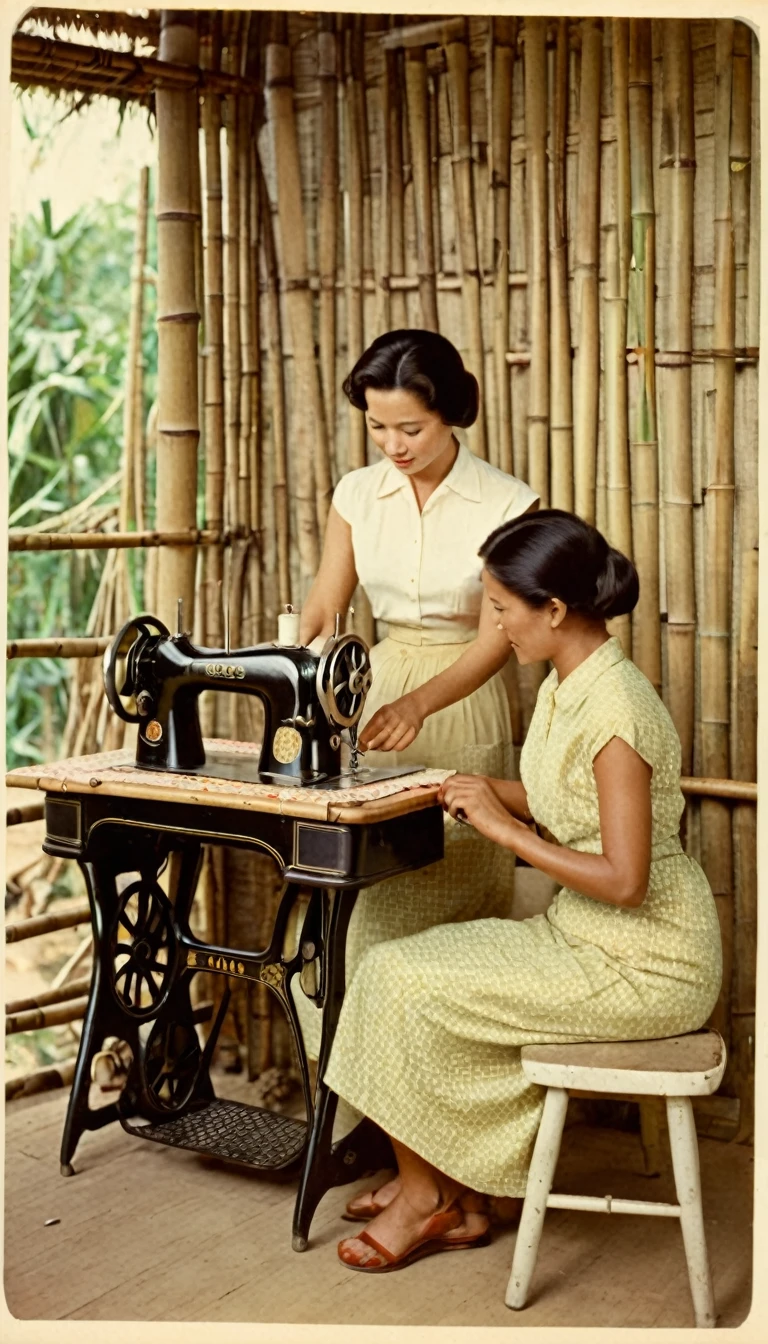 1960s, A vintage photo of a woman sewing with vintage sewing machine, a father wearing sleeveless shirt carrying his little son watching the mother, inside a humble house made of woven bamboo peels.