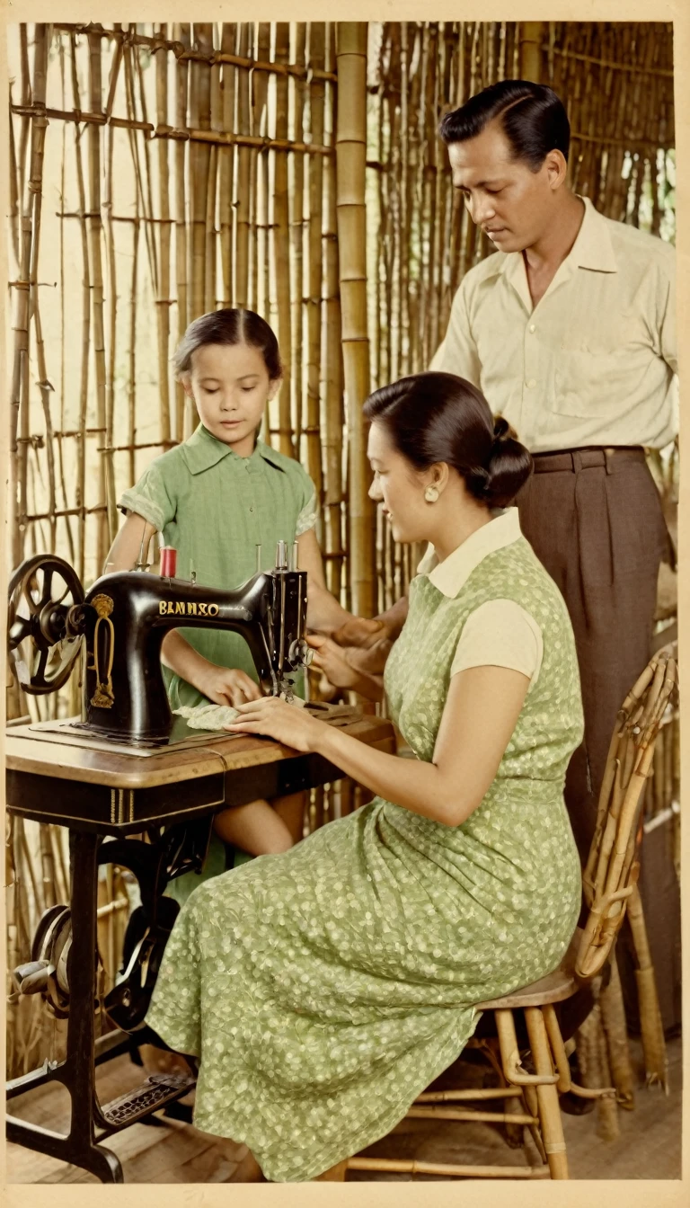1960s, A vintage photo of a woman sewing with vintage sewing machine, a father wearing sleeveless shirt carrying his little son watching the mother, inside a humble house made of woven bamboo peels.