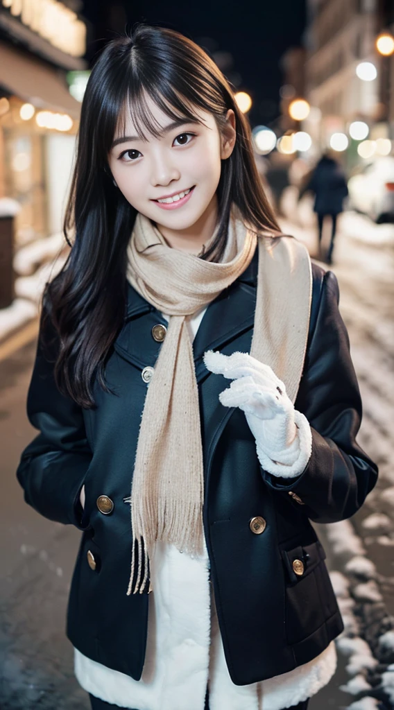 (A close-up of a girl is、with long hair in takes，The bangs are dull，Wear a winter uniform and scarf jacket:1.5)、(A girl with a shy smile、Gift box with gloves in hand:1.5)、(Snowy winter night street corners and Christmas lights:1.5)、(Perfect ???????:1.3)、(No mask:1.3)、(Complete fingers:1.3)、Photorealistic、Photography、masutepiece、top-quality、high resolution, delicate and pretty、face perfect、Beautiful detailed eyes、Fair skin、Real human skin、pores、((Thin legs))、(Dark hair)