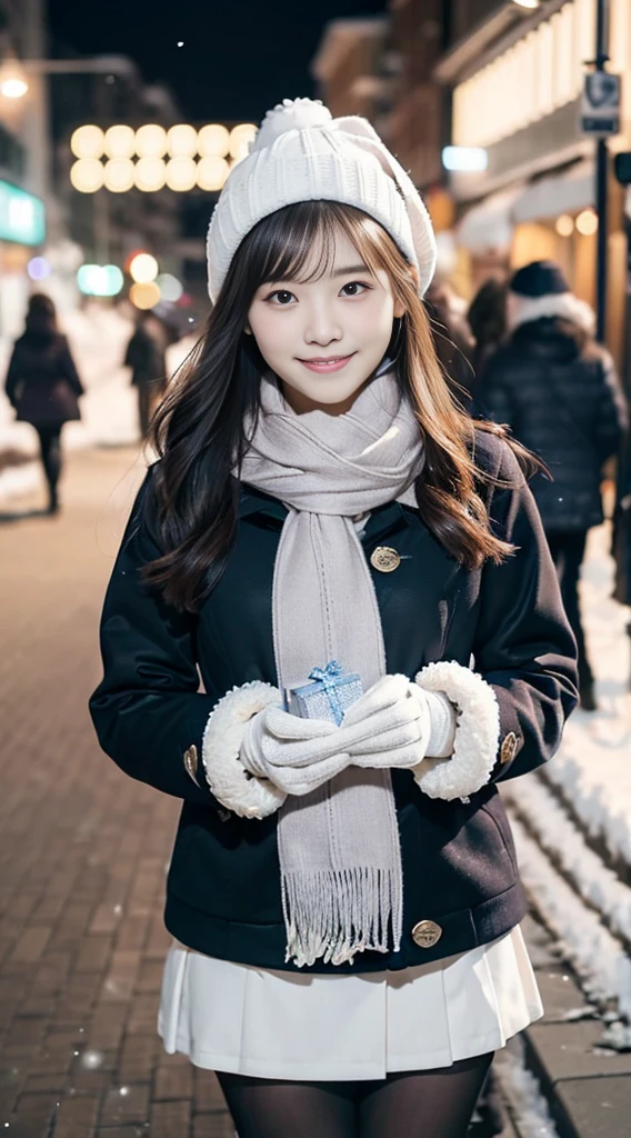 (A close-up of a girl is、with long hair in takes,The bangs are dull,Wear a winter uniform and scarf jacket:1.5)、(A girl with a shy smile、Gift box with gloves in hand:1.5)、(Snowy winter night street corners and Christmas lights:1.5)、(Perfect anatomy:1.3)、(No mask:1.3)、(Complete fingers:1.3)、Photorealistic、Photography、masutepiece、top-quality、high resolution, delicate and pretty、face perfect、Beautiful detailed eyes、Fair skin、Real human skin、pores、((Thin legs))、(Dark hair)
