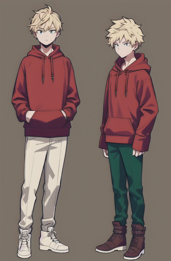 One boy, male focus, brown and blond hair, boku no hero academia, masterpiece, best quality, very aesthetic, red hoodie, navy green joggers, white leather boots, full body illustration, casual front pose.