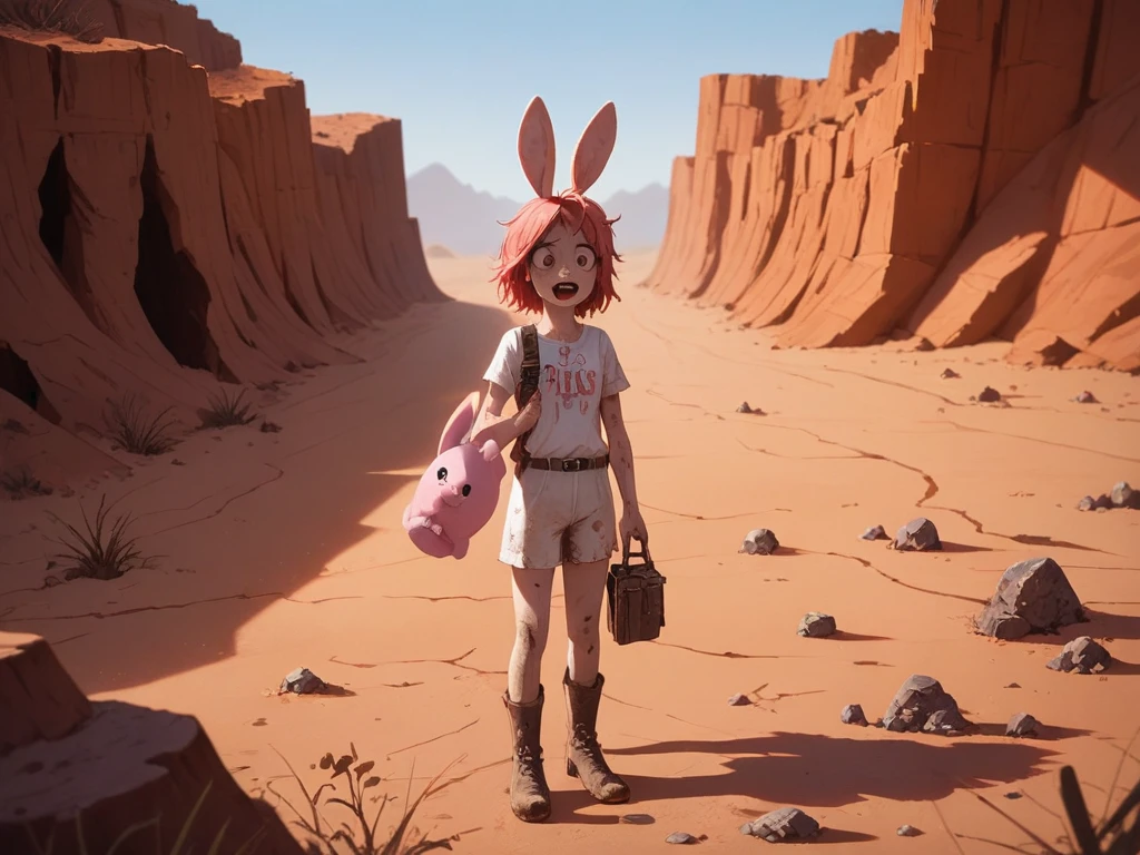 hires, highly detailed, best quality, score_9,score_8_up,score_7_up,score_6_up,score_5_up,score_4_up, detailed face, highly detailed, high quality, masterpiece, tinytinabl2, solo, 1girl, crazy, young girl, holding pink stuffed bunny, detail_eyes, dirty, desert, canyon, wasteland