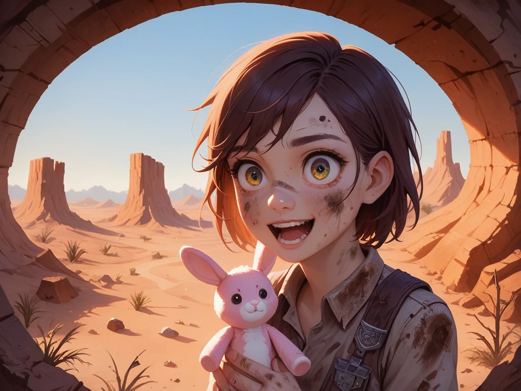 hires, highly detailed, best quality, score_9,score_8_up,score_7_up,score_6_up,score_5_up,score_4_up, detailed face, highly detailed, high quality, masterpiece, tinytinabl2, solo, 1girl, crazy, young girl, holding pink stuffed bunny, detail_eyes, dirty, desert, canyon, wasteland