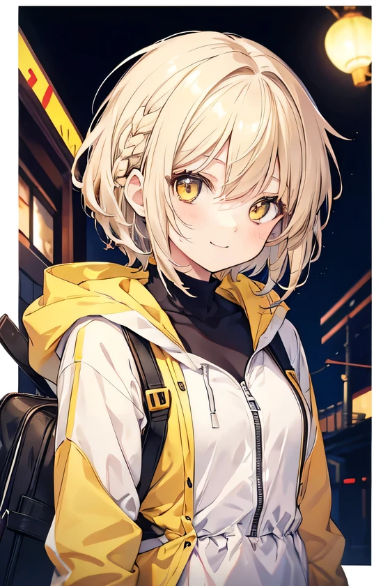girl, cute anime girl, smiling, beige hair, short hair, hair in a braid on the side, messy hair, yellow eyes moe style anime
