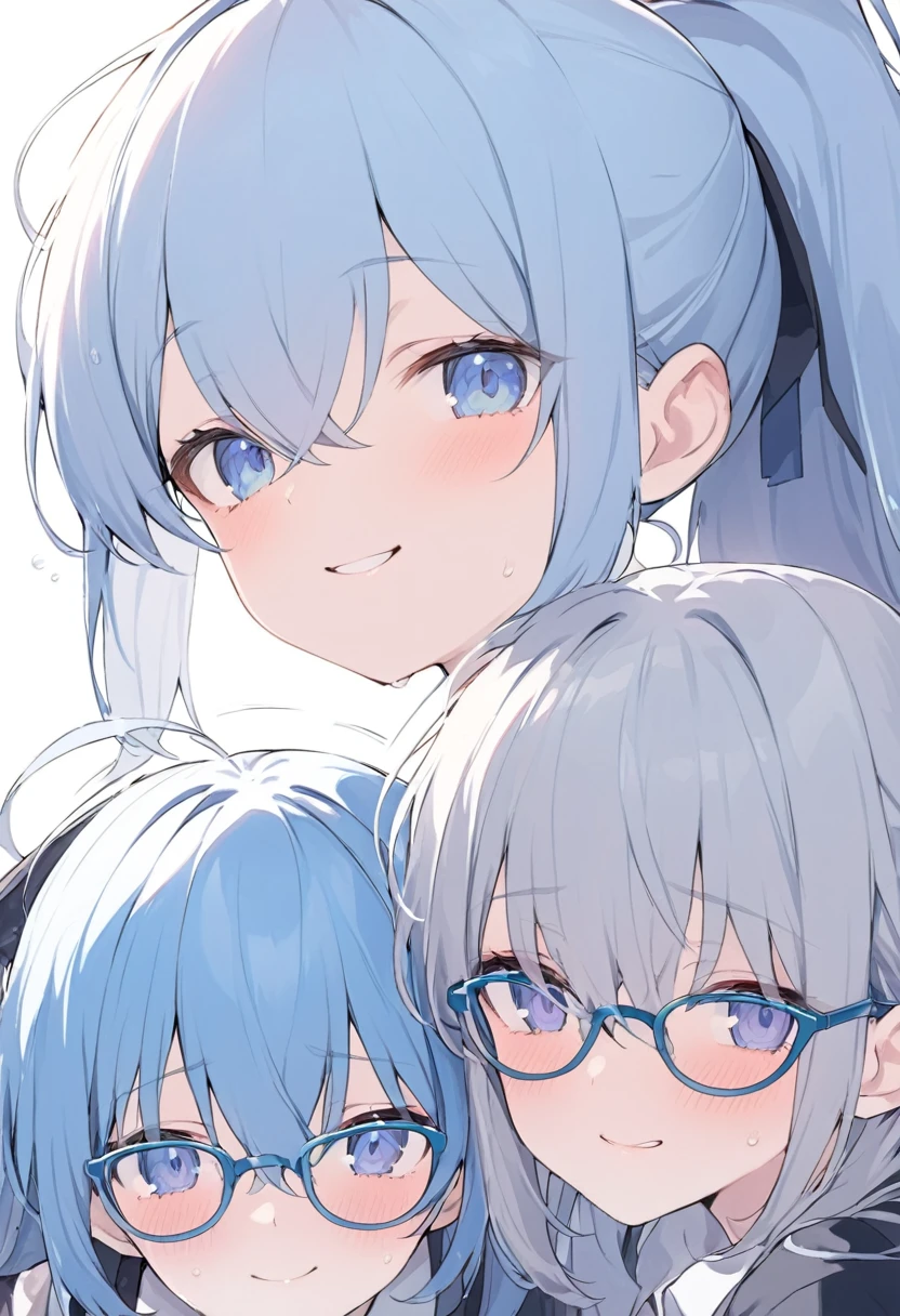 Blue Glasses　Light blue hair　girl　ponytail　Laughter　Middle school students　Mostly faces　　Face close-up　Highest quality　傑作 Blue Glasses　Blue Glasses